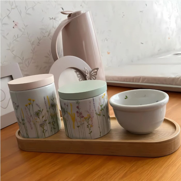 Kit de Higiene Jardim Europeu Porcelana e Tampa Madeira - 3 Peças - Madel Home