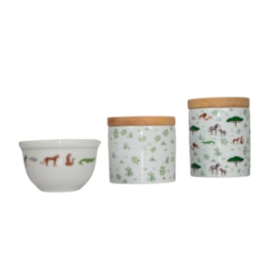 Kit de Higiene Porcelana e Tampa Madeira Selva - 3 Peças
