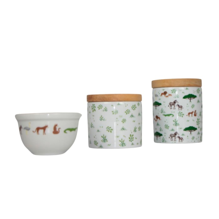 Kit de Higiene Porcelana e Tampa Madeira Selva - 3 Peças - Madel Home