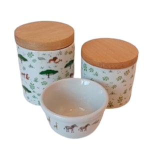 Kit de Higiene Porcelana e Tampa Madeira Selva - 3 Peças