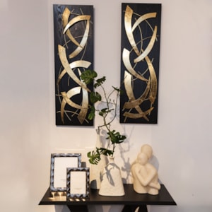 Kit Esculturas Parede Abstrata Metal Dourado Preta - 2 Peças
