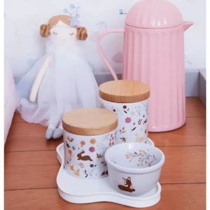 Kit Higiene Afeto Porcelana Tampa Madeira Branco e Dourado - 3 Peças