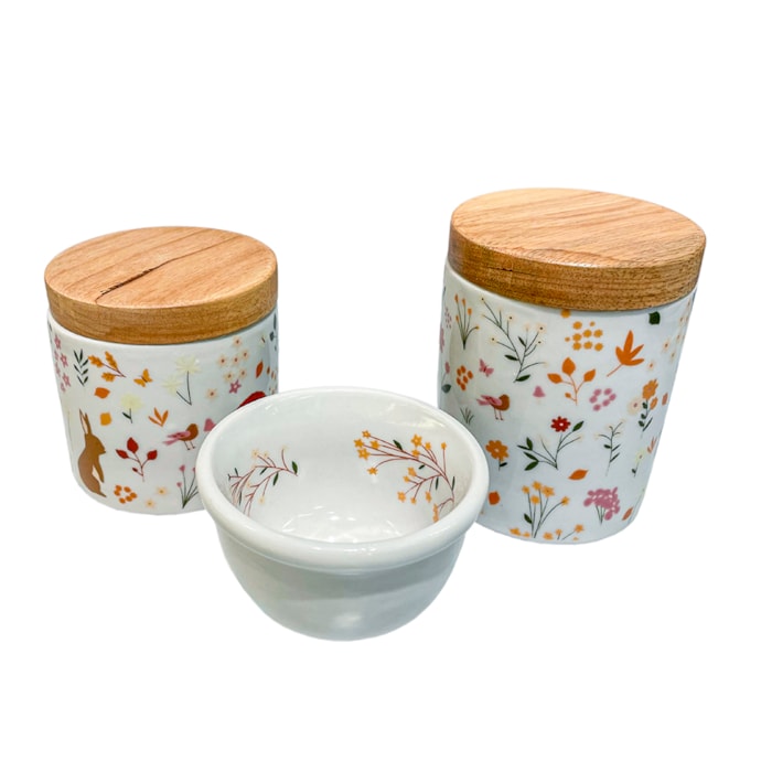 Kit Higiene Afeto Porcelana Tampa Madeira Branco e Dourado - 3 Peças - Madel Home