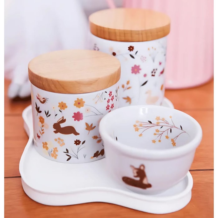 Kit Higiene Afeto Porcelana Tampa Madeira Branco e Dourado - 3 Peças - Madel Home