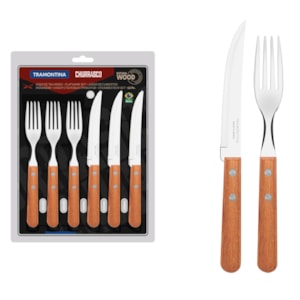 Kit Talheres Churrasco Inox Cabos Madeira Natural Tramontina - 12 Peças
