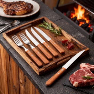 Kit Talheres Churrasco Inox Cabos Madeira Natural Tramontina - 12 Peças