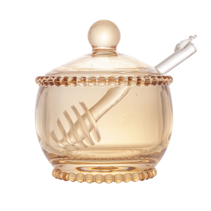Meleira Redonda em Cristal com Colher Âmbar Pearl Wolff - 10cm - Madel Home