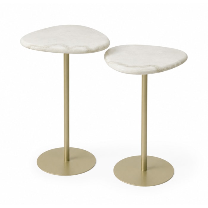 Mesa Lateral Orgânica Alva em Pedra Branca Ouro - 62x37cm - Madel Home