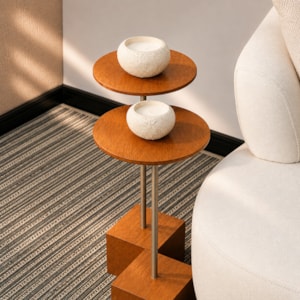Mesa Lateral Orgânica Pinna em Madeira Honey Clara e Champanhe - 57x22cm