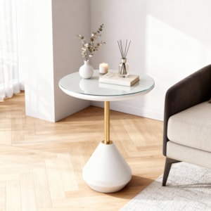 Mesa Lateral Redonda Argélia em Vidro Branco e Champanhe - 45x55cm