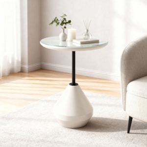 Mesa Lateral Redonda Argélia em Vidro Branco e Preto - 45x55cm