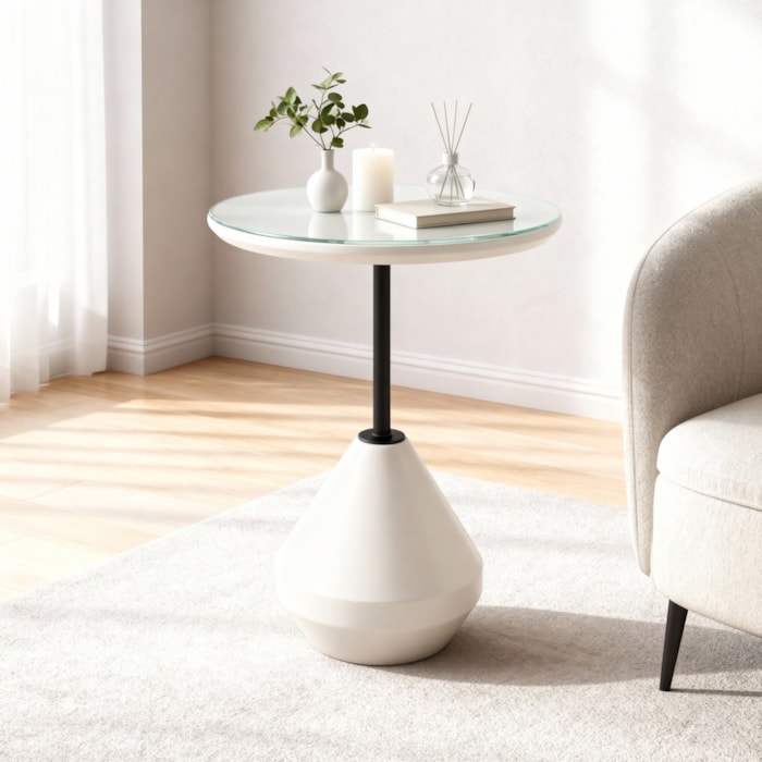 Mesa Lateral Redonda Argélia em Vidro Branco e Preto - 45x55cm - Madel Home