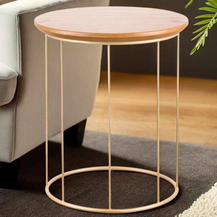 Mesa Lateral Redonda Aurora em Madeira Dourado e Cinamomo - 45x52cm - Madel Home