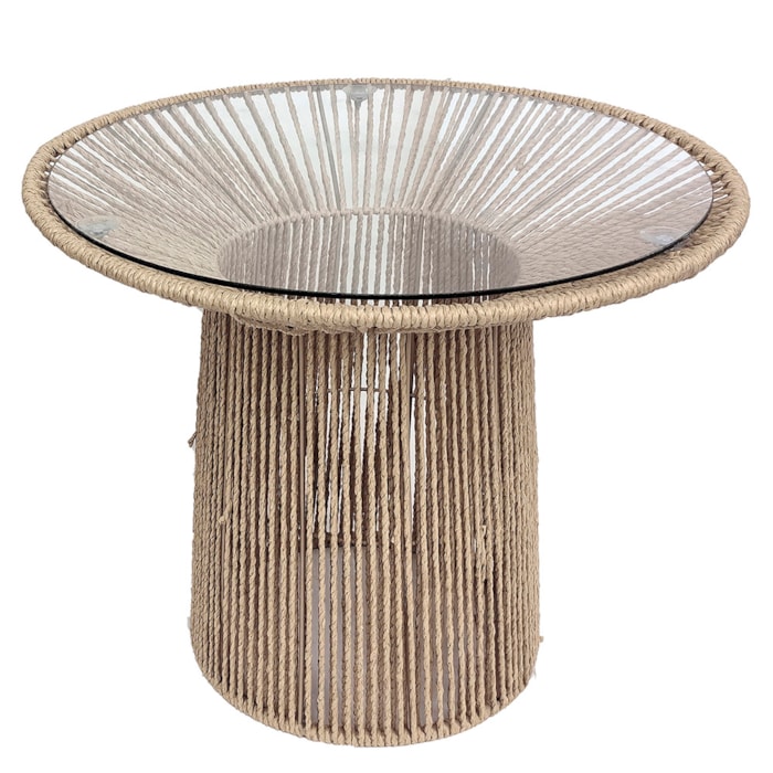 Mesa Lateral Redonda Aurora em Palha e Vidro Marrom - 40x45cm - Madel Home