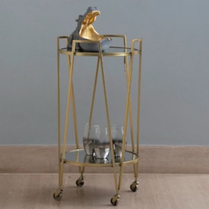 Mesa Lateral Redonda Carrinho em Metal Dourado - 40x76cm