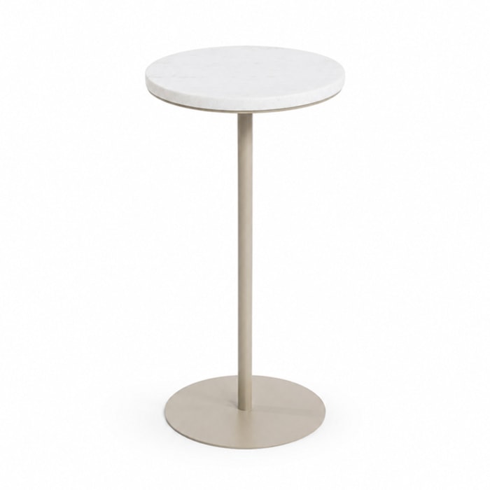 Mesa Lateral Redonda Cristal em Pedra Branca Amêndoa - 57x30cm - Madel Home