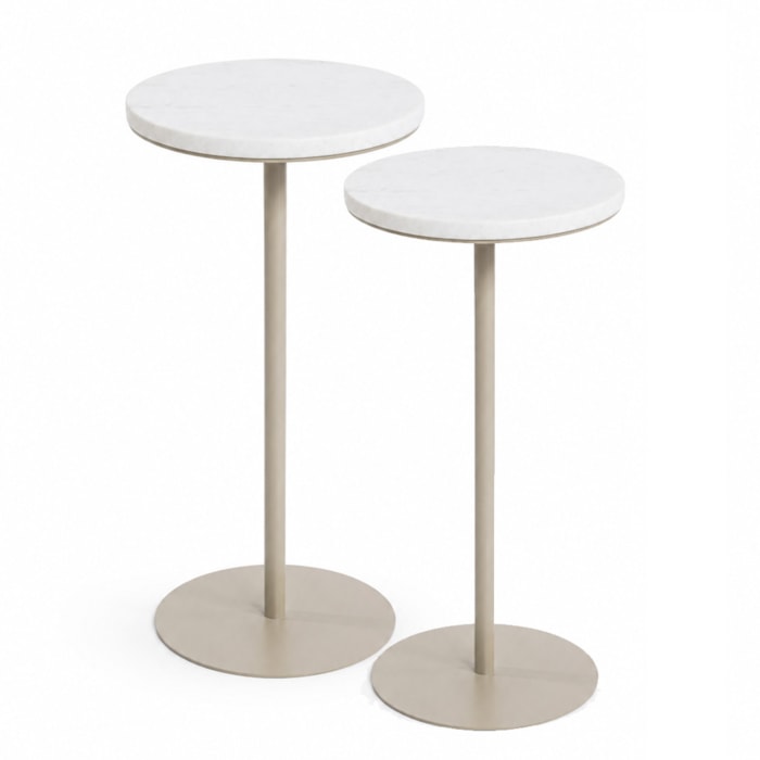 Mesa Lateral Redonda Cristal em Pedra Branca Amêndoa - 62x30cm - Madel Home