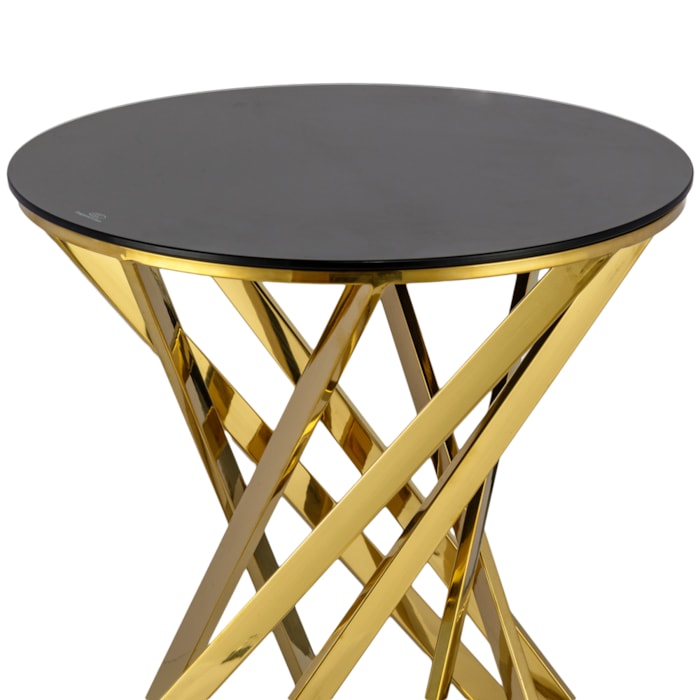 Mesa Lateral Redonda em Ferro e Vidro Dourado e Preto - 45x50cm - Madel Home