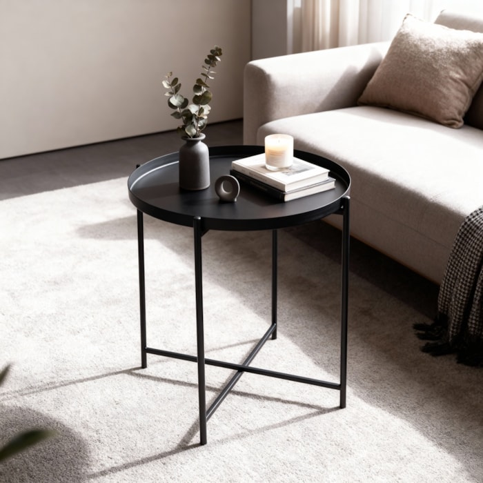 Mesa Lateral Redonda em Metal Preto - 50x43cm - Madel Home