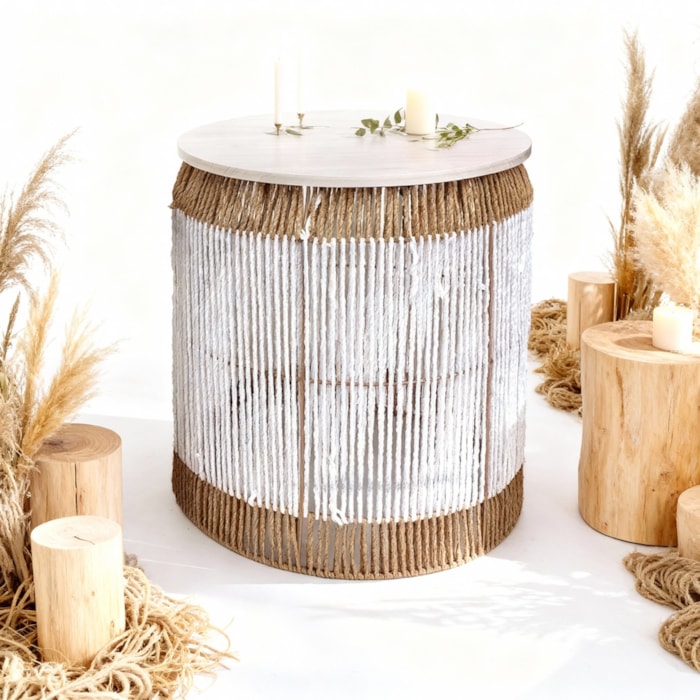 Mesa Lateral Redonda em Palha Natural Branca - 40x50cm - Madel Home