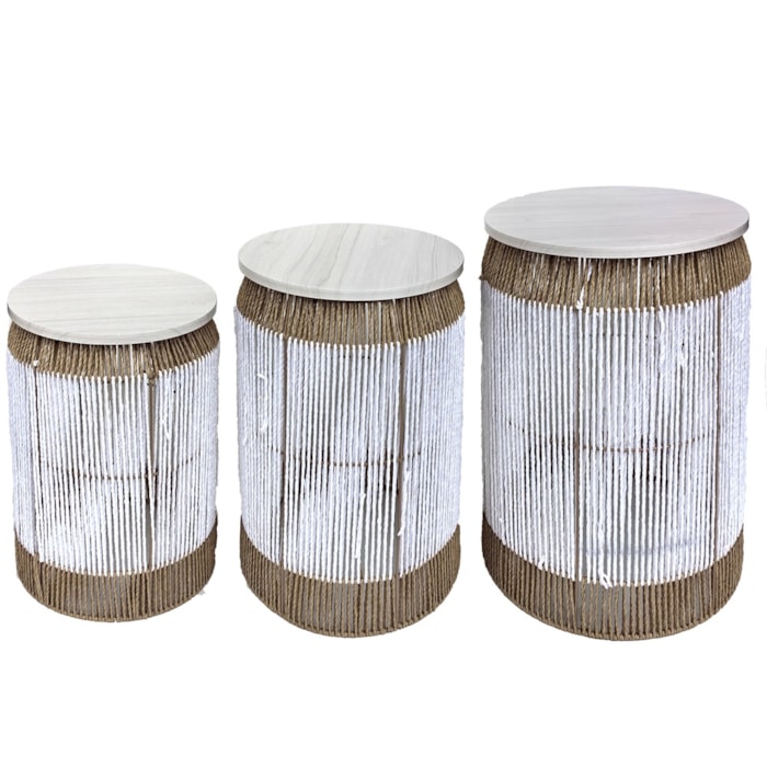 Mesa Lateral Redonda em Palha Natural Branca - 45x55cm - Madel Home