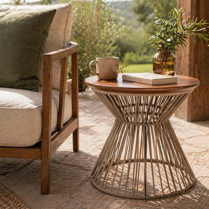 Mesa Lateral Redonda Normandia em Madeira Cinamomo e Carvalho - 50x49cm - Madel Home