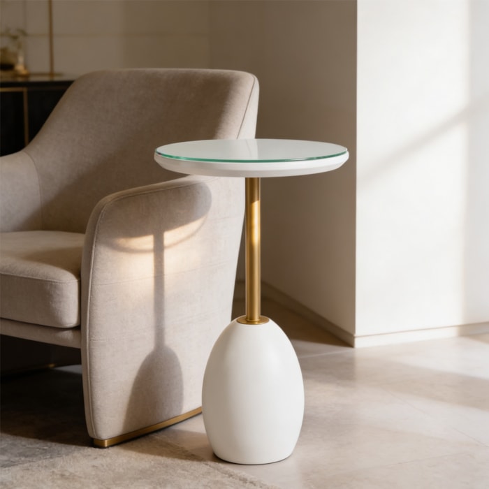 Mesa Lateral Redonda Urban em Vidro Branco e Champanhe - 38x65cm - Madel Home