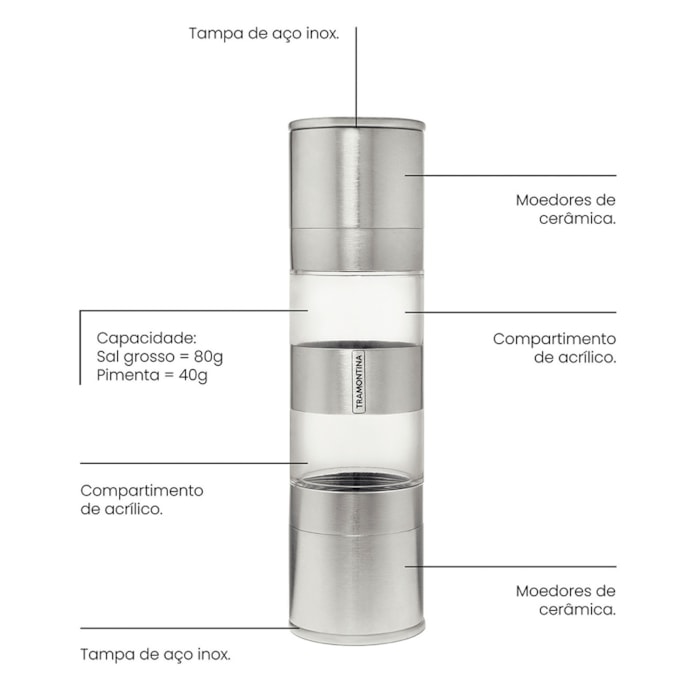 Moedor de Sal e Pimenta em Inox Prata Realce Tramontina - 19cm - Madel Home
