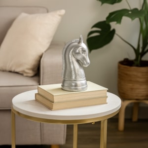 Peça Decorativa Pino Xadrez Cavalo em Resina Prateada - 19cm