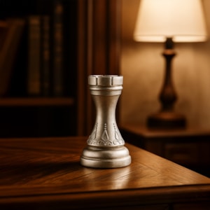 Peça Decorativa Pino Xadrez Torre em Resina Prateada - 19cm 