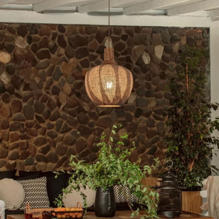 Pendente de Madeira, Linho e Palha Natural Kawa LED - 40W - Madel Home