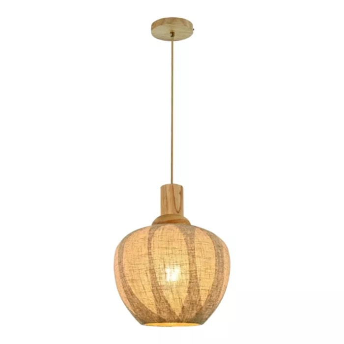 Pendente de Madeira, Linho e Palha Natural Kawa LED - 40W - Madel Home