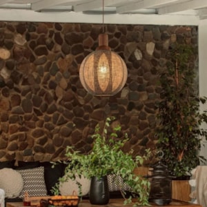 Pendente de Madeira, Vidro e Linho Nari Natural - 40W