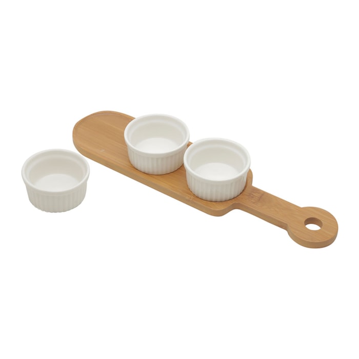 Petisqueira 3 Divisões Porcelana Redonda Branca e Base Bambu Wolff - 33cm - Madel Home