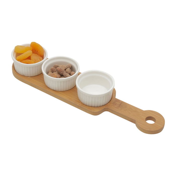 Petisqueira 3 Divisões Porcelana Redonda Branca e Base Bambu Wolff - 33cm - Madel Home