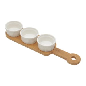 Petisqueira 3 Divisões Porcelana Redonda Branca e Base Bambu Wolff - 33cm 