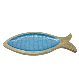 Petisqueira Peixe Escama em Madeira e Resina Azul - 38cm
