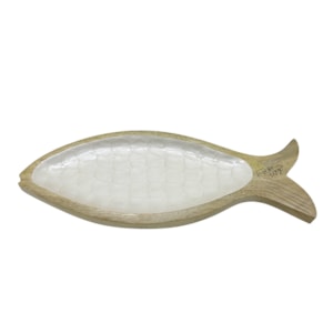 Petisqueira Peixe Escama em Madeira e Resina Off White - 38cm