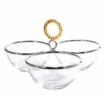 Petisqueira Triplo de Vidro Nocc Inox com Ouro 24K Riva