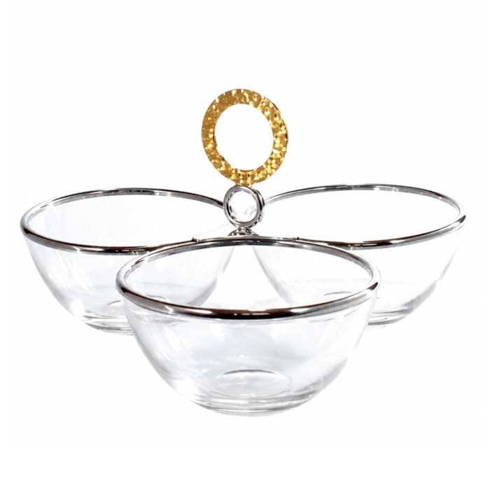 Petisqueira Triplo de Vidro Nocc Inox com Ouro 24K Riva - Madel Home
