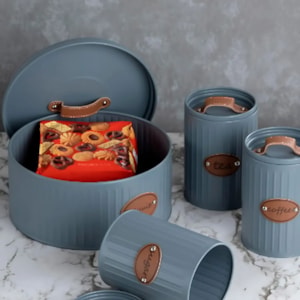 Porta Biscoito de Ferro Cinza com Detalhes em Couro - 25cm 