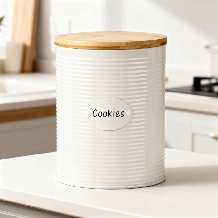 Porta Cookies de Ferro Branco Tampa Madeira - 19cm - Madel Home