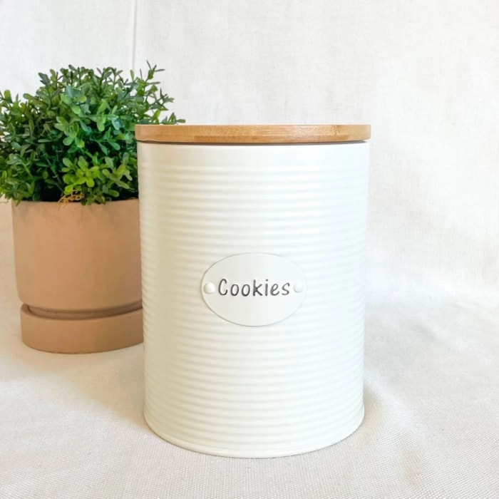 Porta Cookies de Ferro Branco Tampa Madeira - 19cm - Madel Home