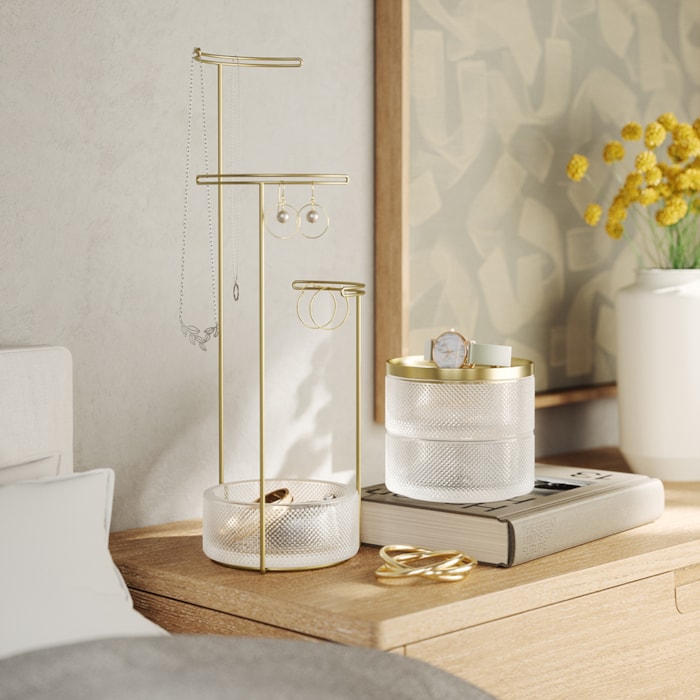 Porta Joias de Aço e Vidro Tesora Dourado Umbra - 13,34cm - Madel Home