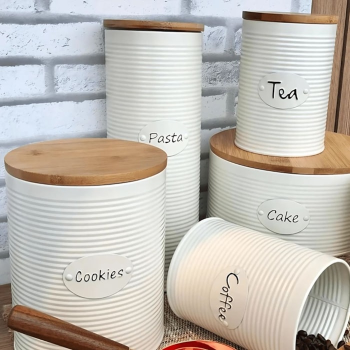 Porta Macarrão de Ferro Branco Tampa Madeira - 31cm - Madel Home