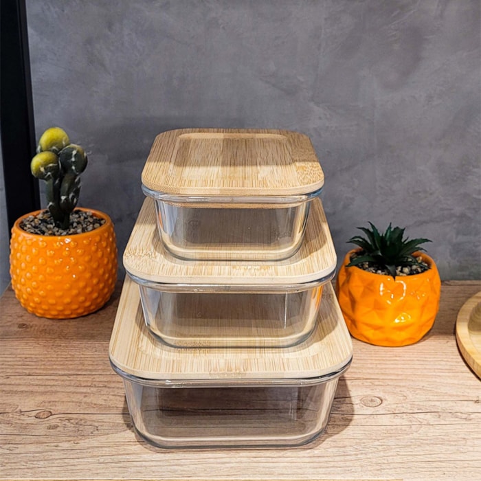 Pote Retangular Vidro Borossilicato Tampa em Bambu - 1,5L - Madel Home