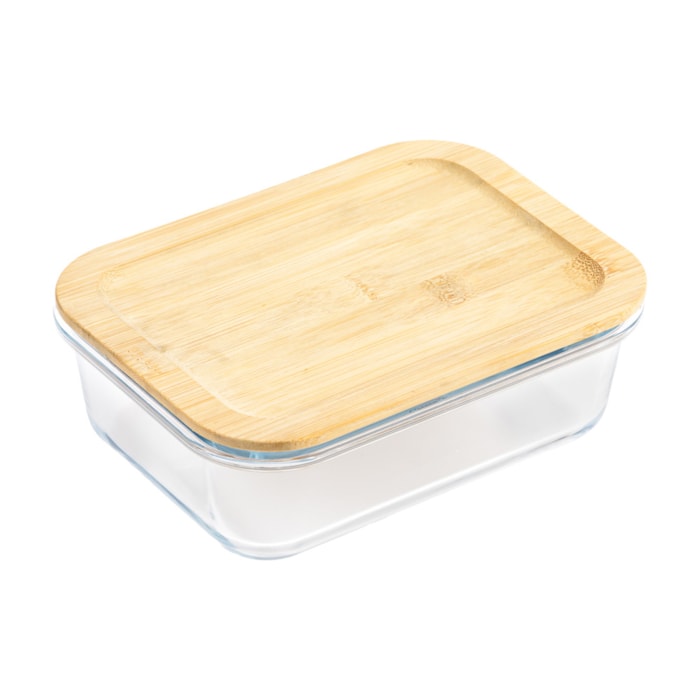 Pote Retangular Vidro Borossilicato Tampa em Bambu - 640ml - Madel Home