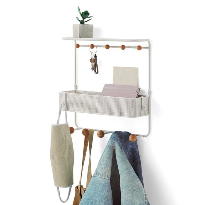 Prateleira com Cabideiro Ganchos Estique Aço Branco Umbra - Madel Home