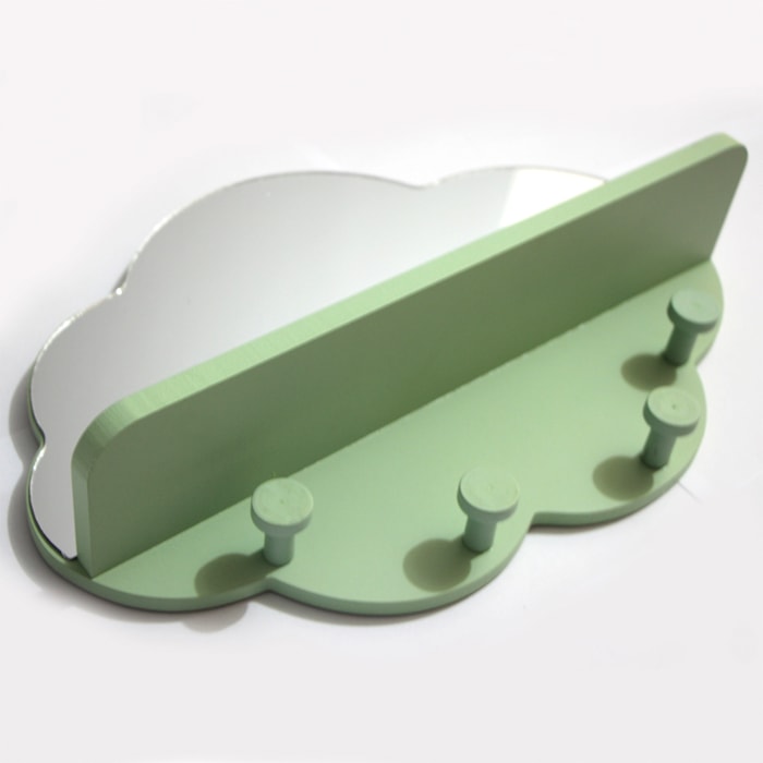 Prateleira Nuvem com Cabideiro Espelhado MDF Verde - 37cm - Madel Home