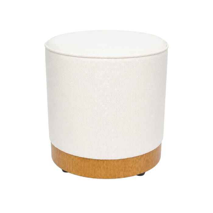 Puff Redondo Aurora em Madeira e Tecido Lona Branco - 41cm - Madel Home